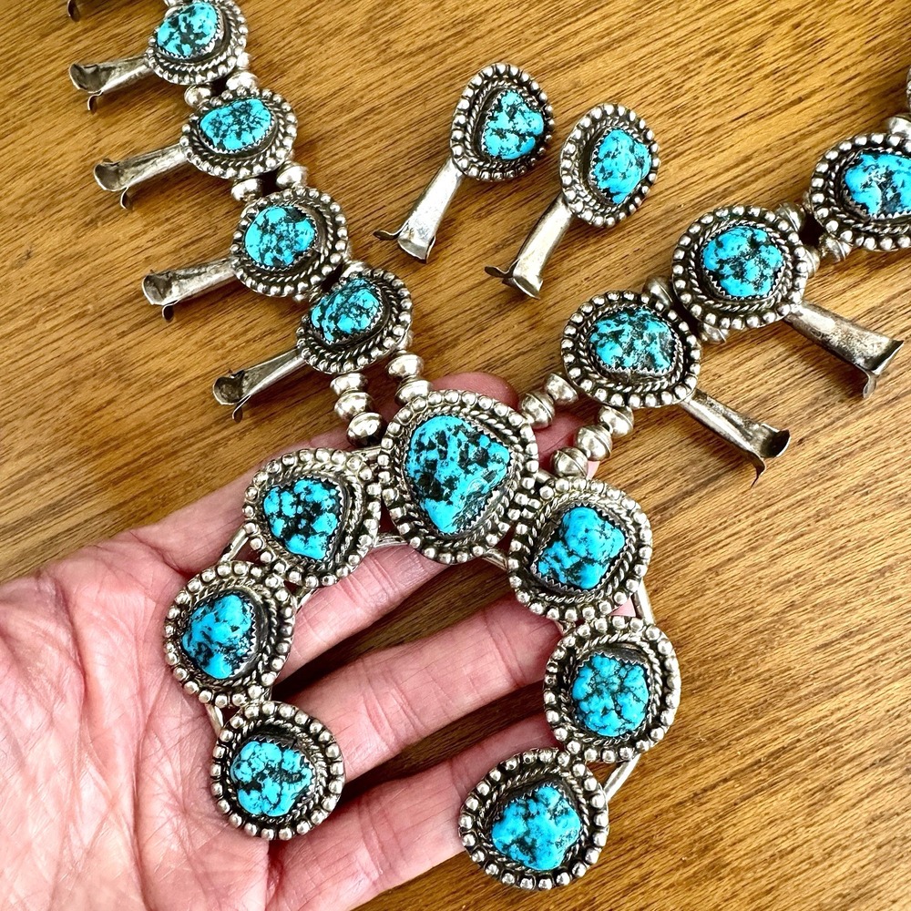 VTG Navajo‎ Turquoise Squash Blossom Necklace Bobby Etsitty Signed 192g Nugget